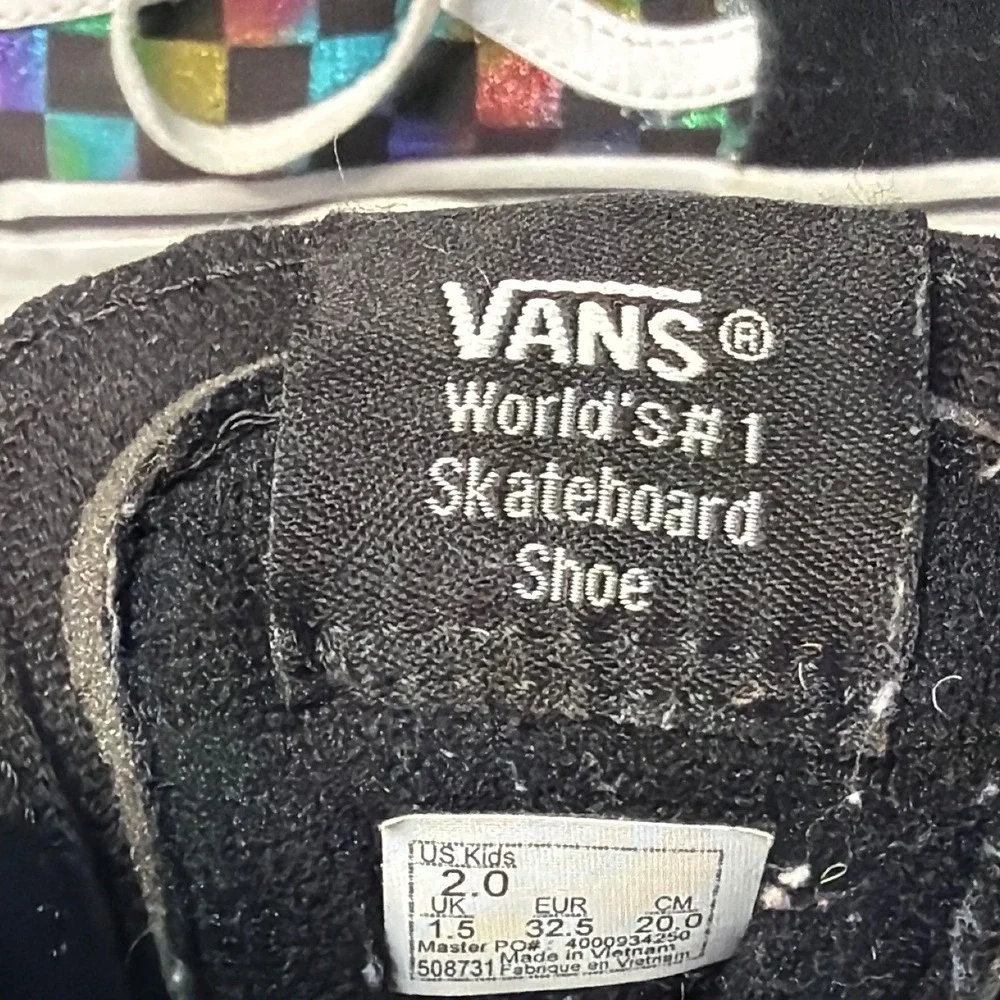 Vans Sk8-Hi Kids 2.0 Black Suede Iridescent Rainbow Checkerboard High Top Shoes